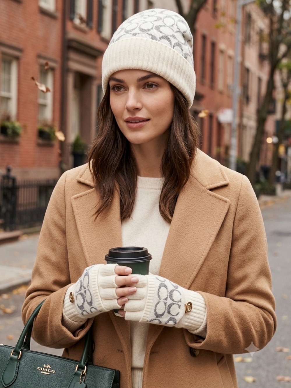 Coach Metallic Beanie & Fingerless Gloves Mitten Gift Set NWT